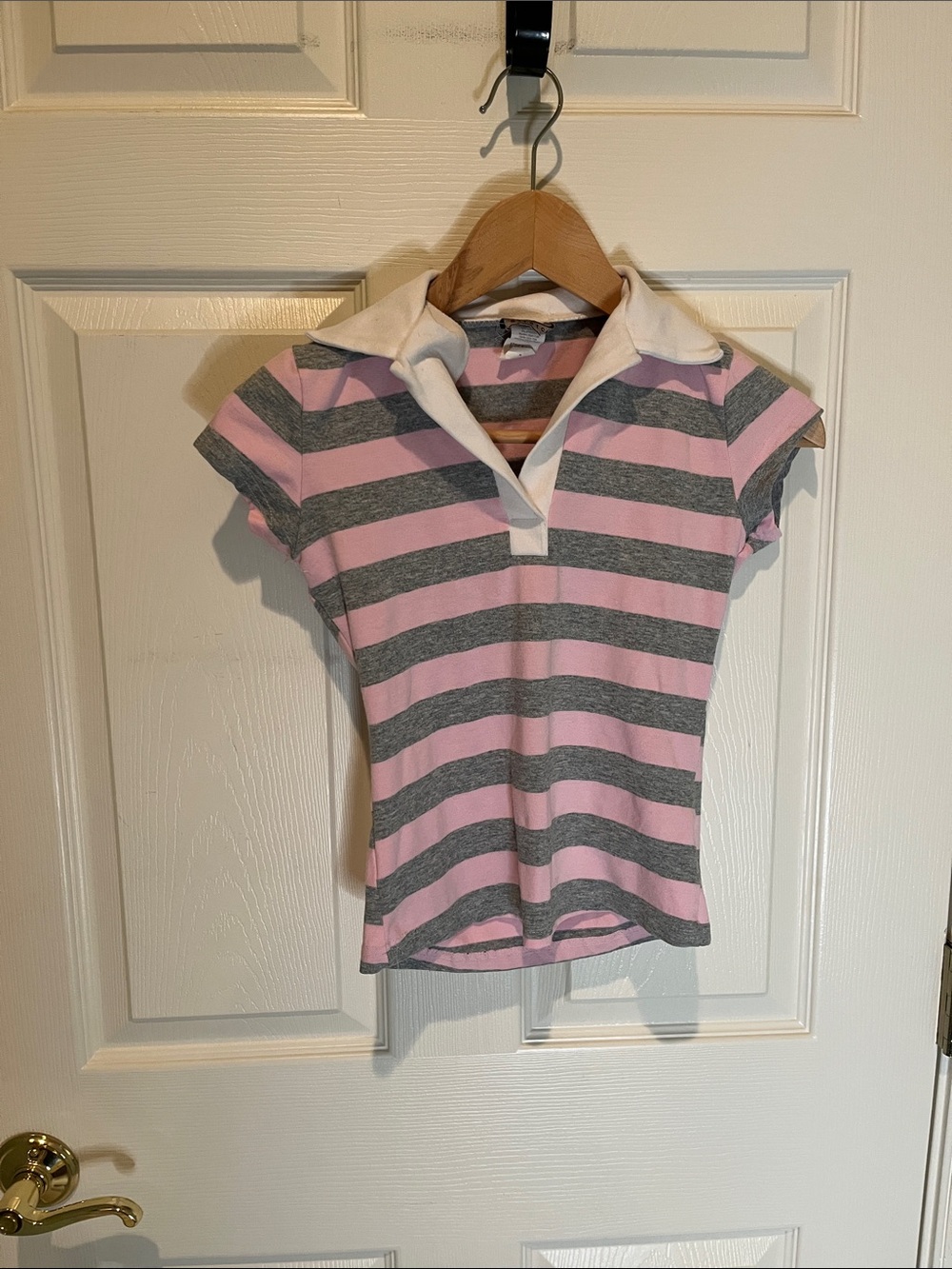 rave Pink and Gray Striped Short Sleeve Polo Tee
